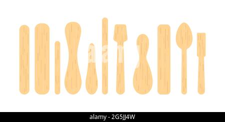 Popsicle Stick und Holzlöffel für Eis, medizinische Zungenverdichter Set. Stock Vektor