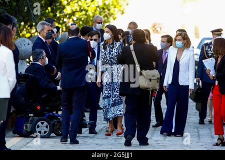 Königin Letizia von Spanien nimmt an der Einweihung der Paritätischen Generalversammlung der Weltblinden Union (WBU) und des Internationalen Rates für die Erziehung von Menschen mit Sehbehinderung (ICEVI) Teil, Im Rahmen des "World Blindness Summit Madrid'21" auf EINMAL Sport- und Kulturkomplex der ONCE Social Group am 28. Juni 2021 in Madrid, Spanien. Foto von Archie Andrews/ABACAPRESS.COM Stockfoto