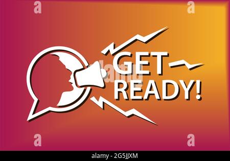 Machen Sie sich bereit mit dem Megaphon. Flache Vektorgrafik auf farbigem Hintergrund. Stock Vektor