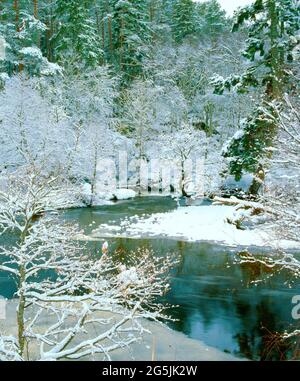 Großbritannien, Schottland, Highlands, Schneeszene, am Fluss Pattack, Stockfoto