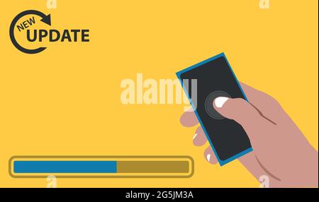 Neues Update mit dem Handheld-Smartphone auf dem gelben Hintergrund. Flache Vektorgrafik. Stock Vektor