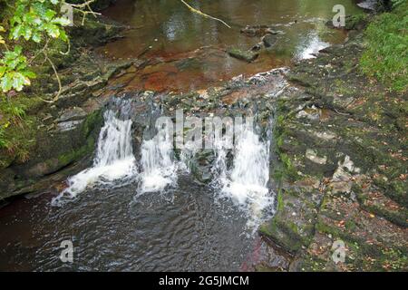 Wasser fließt über einen kleinen Wasserfall in Neath, Wales. Aufgenommen mit einer langsameren Belichtung, um die Bewegung des Wassers einzufangen. Stockfoto