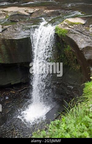 Wasser, das über einen Wasserfall, Aberdulais, Neath, Wales, fließt, wird mit einer normalen, schnellen Verschlusszeit genommen, um das Wasser einzufrieren, während es in einen Pool stürzt Stockfoto