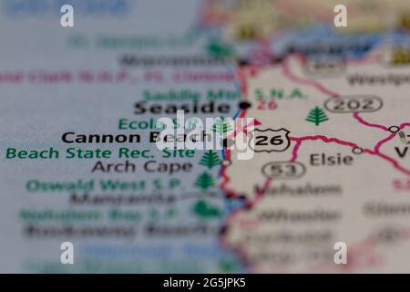 Cannon Beach Oregon USA auf einer Geografie- oder Straßenkarte angezeigt Stockfoto