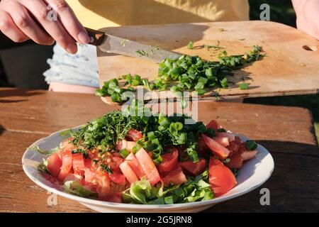 Mädchen fügt Zwiebeln zu Gemüsesalat. Kochen in der Natur. Stockfoto