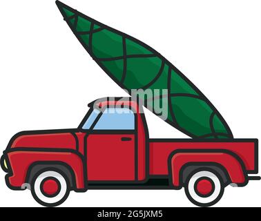 Frisch gepflückt Weihnachtsbaum auf dem Bett von vintage Pickup LKW isoliert Vektor-Illustration für einen Evergreen Tag am 19. Dezember suchen Stock Vektor