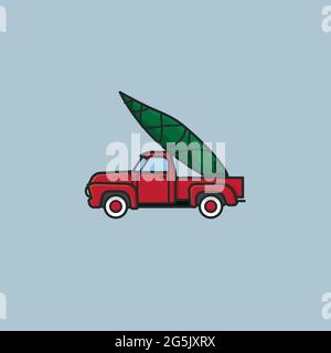 Frisch gepflückt Weihnachtsbaum auf dem Bett von vintage Pickup-LKW-Vektor-Illustration für Look for an Evergreen Day am 19. Dezember Stock Vektor