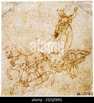 Leonardo da Vinci Sketch, Göttin in einem Streitwagen, gezeichnet von zwei Pferden, von denen eines fällt, und gezeichnet vor 1519 Stockfoto