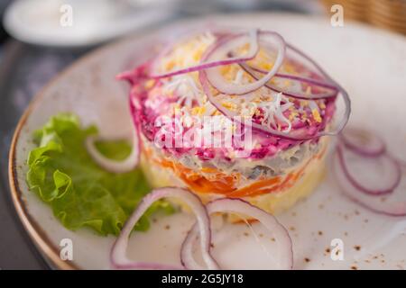 Hausgemachte gekleidet eingelegter Hering, geschichteten traditionelle russische Salat Hering unter einem Pelzmantel Stockfoto