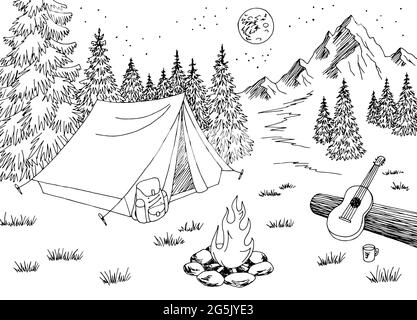 Camping Nacht Grafik schwarz weiß Berglandschaft Skizze Illustration Vektor Stock Vektor