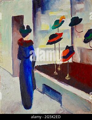 August Macke Kunstwerk mit dem Titel Frau mit Sonnenschirm vor Milliner's Shop. Stockfoto