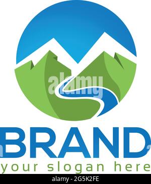 Logo-Vorlage für Berge und Flüsse, Vektorsymbol. Stock Vektor