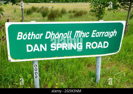 Straßenschild für Dan Spring Road in Tralee, County Kerry, Irland Stockfoto