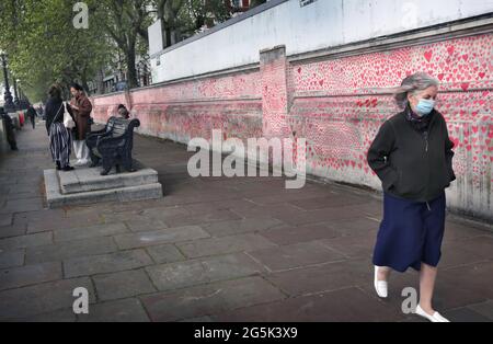 London, Großbritannien. Mai 2021. Ein Fußgänger, der eine Maske trägt, läuft entlang der National Covid Memorial Wall, am Südufer der Themse, gegenüber dem Houses of Parliament. Sie erinnert daran, wie hart das letzte Jahr für viele war. Die Gedenkstätte entwickelt sich weiter – ursprünglich wurde für jeden der 150,000 Menschen, die während der Pandemie im Vereinigten Königreich ums Leben kamen, ein Herz gezogen. Die Öffentlichkeit fügt weiterhin Herzen und persönliche Botschaften hinzu, während das Denkmal zu einem festen Bestandteil des Lebens in London wird. (Foto von Martin Pope/SOPA Images/Sipa USA) Quelle: SIPA USA/Alamy Live News Stockfoto