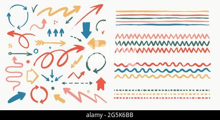 Abstrakte Pfeile und Pinsel gesetzt. Verschiedene Doodle-Pfeile und Kunststriche mit Grunge-Textur. Handgezeichnete abstrakte Vintage-Infografik-Vektorkollektion Stock Vektor