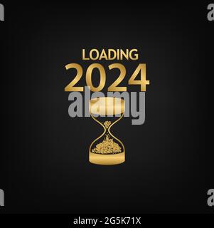 2024 Happy New Year Hintergrund mit Sanduhr-Symbol. Entwerfen Sie für Ihre saisonalen Flyer, Banner, Aufkleber und Grußkarten. 2023 bis 2024 Stock Vektor