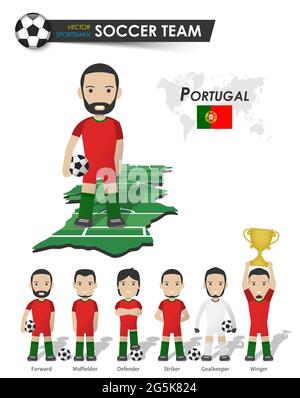 Portugiesische Fußballnationalmannschaft . Fußballspieler mit Sporttrikot stehen auf Perspective Field Country Map und Weltkarte . Set von Fußballern Positi Stock Vektor