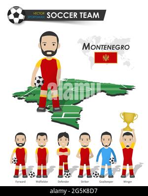 Montenegrinische Fußballnationalmannschaft . Fußballspieler mit Sporttrikot stehen auf Perspective Field Country Map und Weltkarte . Set von Fußballspieler-Position Stock Vektor