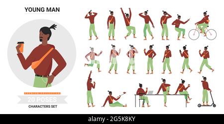 afroamerikanischer schwarzer junger Mann posiert Infografik Vektor Illustration Set. Cartoon flach bärtig Hipster stehend, zu Fuß Smartphone-Kaffeetasse, Fahrrad Fahrrad oder Roller Haltungen isoliert Reiten Stock Vektor