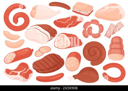 Fleisch Lebensmittel Zutaten, Shop-Menü-Set Vektor-Illustration. Cartoon Gastronomie Fleischprodukt für die Kochsammlung, rohes Rindfleisch, Pfannkuchen mit rotem Schweinefleisch, frisches Hühnerschenkelfilet und Steak auf Weiß isoliert Stock Vektor