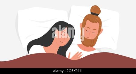 Familie paar Menschen schlafen zusammen im Bett in der Nacht Vektor-Illustration. Cartoon junge Frau Mann Charaktere umarmen, liegend auf Kissen unter Decke im Schlafzimmer, Blick von oben Hintergrund Stock Vektor