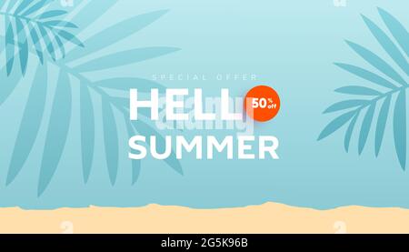 Sommer-Sale-Banner mit fließenden Bubble-Formen und tropischen Blättern auf minzfarbenem Hintergrund mit Platz für Werbetext Stock Vektor