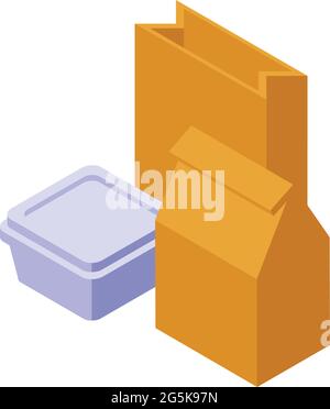 Symbol für die Lieferung von Lebensmittelpackages – isometrischer Vektor. Handpapierbeutel. Sichere Lieferung nach Hause Stock Vektor