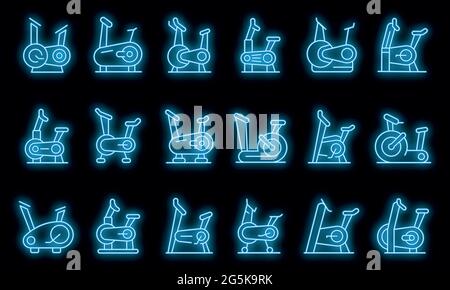 Symbole für Heimtrainer eingestellt. Umreißen Satz von Übung Fahrrad Vektor-Symbole Neonfarbe auf schwarz Stock Vektor