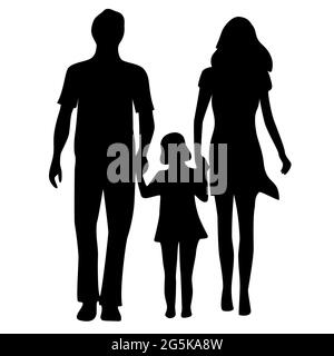 Silhouetten von drei Personen isoliert weißen Hintergrund. Eine Familie von drei Mutter, Vater und Tochter. Stock Vektor