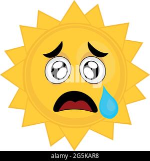 Vektor-Illustration der Zeichentrickfigur Emoticon der Sonne mit einem traurigen Ausdruck auf und eine Träne fallen aus seinem Auge Stock Vektor