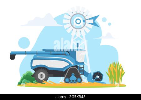 Farm Harvester kombinieren auf Dorf Land Ranch Land Vektor-Illustration. Cartoon-Landmaschinen arbeiten auf Getreide Mais kultivierten Ackerland Feld, Landtechnik isoliert auf weiß Stock Vektor