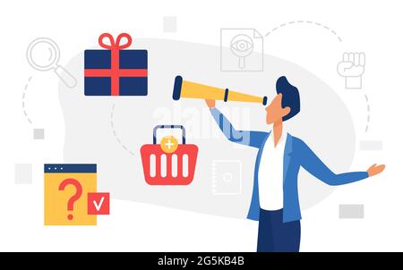 Online-Shopping E-Commerce-Konzept Vektor-Illustration. Cartoon Mann Shopper Charakter mit Teleskop auf der Suche nach Rabatt-Angebote, Kauf Geschenk, Warenkorb, Lupe Fenster Frage-Icons Stock Vektor