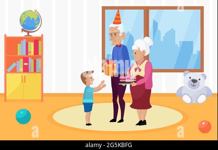 Happy Family feiert Kinder Happy Birthday Vektor Illustration. Cartoon Großmutter Großvater Figuren halten Kuchen mit Kerzen, Geschenk zu Jungen Kind im Kindergarten inneren Hintergrund gratulieren Stock Vektor