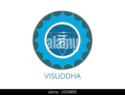 Fünftes Kehlkopfchakra visuddha mit dem Hindu-Sanskrit-Samenmantra VAM. Blau ist ein flaches Design Stil Symbol für Meditation, Yoga. Runde Logo-Vorlage Vec Stock Vektor