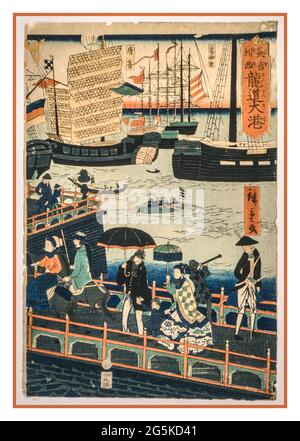 Utagawa Hiroshige, 1826-1869, Künstlerin rondons taikō japanisches Triptychon (nur ein Abschnitt) zeigt Schiffe in einem Hafen, wobei Frauen und Männer im Vordergrund zu Fuß und auf Pferden reiten. Japan : Marutetsu, 1868 Themenüberschriften - Schiffe--England--London-1860-1870 - Häfen--England--London-1860-1870 Überschriften Triptychons--Japanisch--Farbe--1860-1870. Holzschnitte--Japanisch--Farbe--1860-1870. Unterschrift: Hiroshige ga. Siegeldatum: Drache 10. Erstellt entweder von Hiroshige II oder Hiroshige Stockfoto