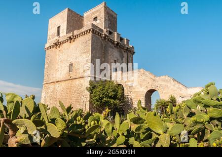 Blick auf den historischen Befestigungsturm - Torre Colimena im Dorf Manduria, Provinz Taranto, Apulien, Italien Stockfoto