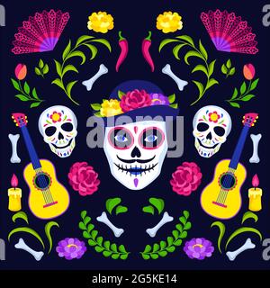Grußkarte „Tag der Toten“. Dia de los muertos. Mexikanische Feier. Feiertagshintergrund mit traditionellen Symbolen. Stock Vektor