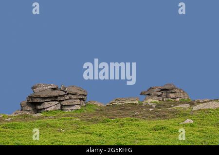 Felsformationen Teufelskanzel / Teufelsaltar und Hexenaltar / Hexenaltar auf dem Brocken, Harz NP, Sachsen-Anhalt, Deutschland Stockfoto