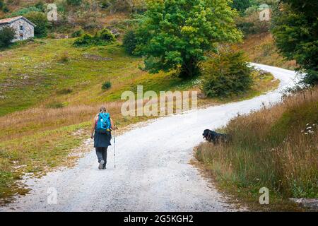 Frau, die neben einem schwarzen Mastiff-Hund auf einem Weg in Kantabrien, Spanien, läuft.das Foto wurde auf der Straße aufgenommen, die Espinama und ar verlässt Stockfoto
