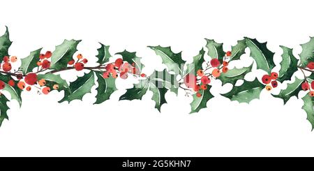 Weihnachtliches Aquarell-horizontales nahtloses Muster mit Zweigen aus Stechpalme und roten Beeren Stockfoto