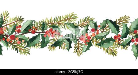 Weihnachtliche Aquarell-Horizontal-Nahtloses Muster mit Stechpalme und Fichte Stockfoto
