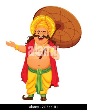 Happy Onam Festival in Kerala. Onam-Feier, traditioneller indischer Feiertag. König Mahabali mit Regenschirm. Vektordarstellung auf weißem Hintergrund Stock Vektor