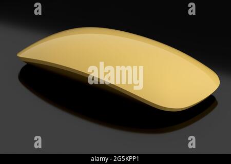 Realistische drahtlose Computermaus in Gold mit isolierter Berührung auf schwarzem Hintergrund. Stockfoto