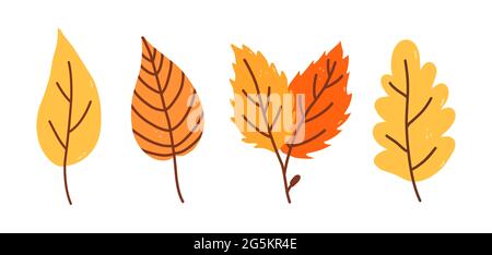 Set aus gelben und orangen Herbstblättern isoliert auf weißem Hintergrund. Vektor handgezeichnete Illustration in Cartoon-Flat-Stil. Perfekt für Ihr Projekt, Karten, Einladungen, Druck, Dekorationen. Stock Vektor