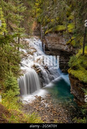 Wasserfall fließt in Kaskaden, Bergbach in einer Schlucht, Johnston Creek im Johnston Canyon, Bow Valley, Banff National Park, Rocky Mountains, Albert Stockfoto