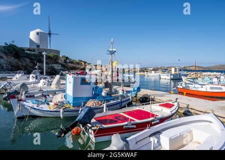 Weiße Windmühle, bunte Fischerboote im Hafen, Paros, Kykladen, Ägäis, Griechenland, Europa Stockfoto