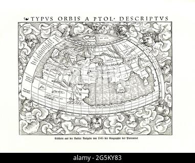 Typus Orbis A Prol Descriptus, Erdkarte aus der Basler Ausgabe von 1545 der Geographie des Ptolemäus Stockfoto