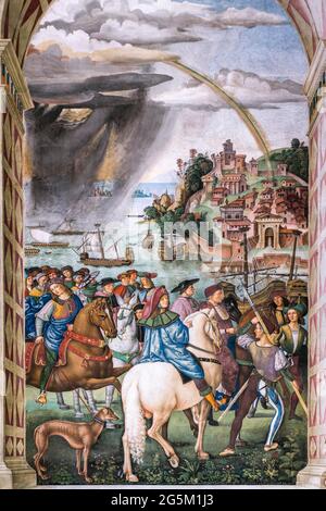 Piccolomini auf dem Weg zum Konzil in Basel, Fresko über das Leben von Kardinal Enea Silvio Piccolomini, später Papst Pius II., 1502-1507, Maler Pinturi Stockfoto