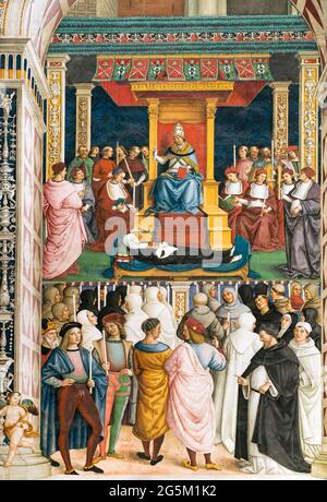 Pius II. Heiligt Katharina von Siena, Fresko über das Leben von Kardinal Enea Silvio Piccolomini, später Papst Pius II., 1502-1507, Maler Pinturicchio, Lib Stockfoto