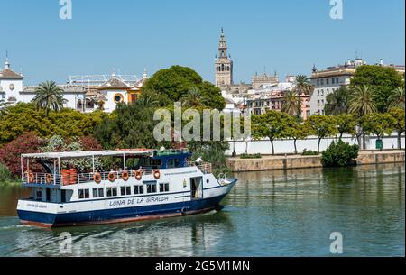 Blick über den Fluss Rio Guadalquivir zur Promenade mit Ausflugsbooten und La Giralda, Sevilla, Andalusien, Spanien, Europa Stockfoto